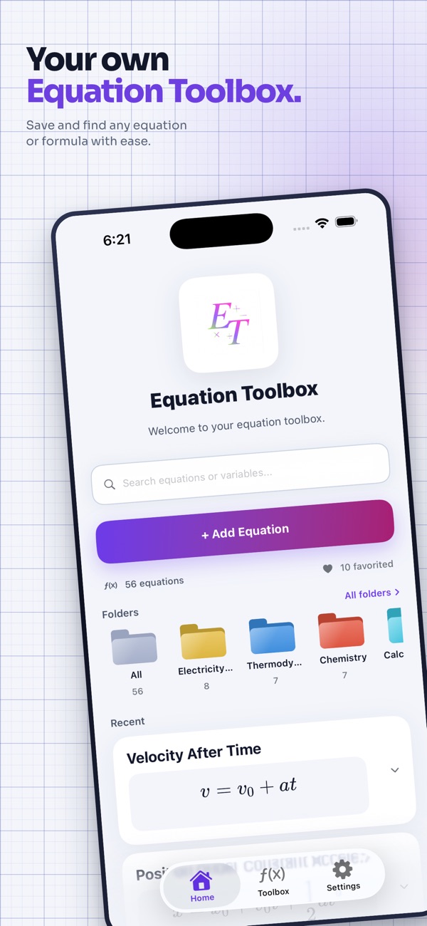 EQTB home screen: search, an Add Equation button, class folders and recently used formulas