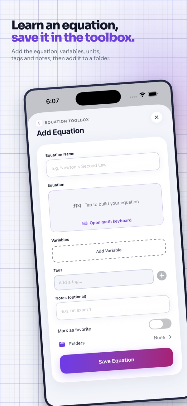 EQTB Add Equation form: name, the equation, its variables, tags, notes and a folder