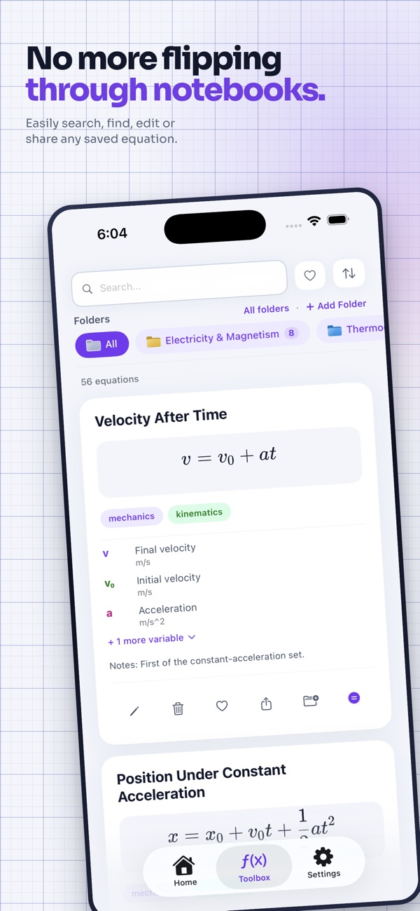 EQTB toolbox: a saved formula card listing each variable with its meaning and unit