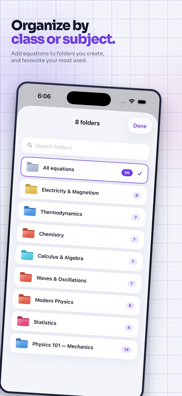 EQTB folders: equations grouped by class, from Chemistry to Physics 101