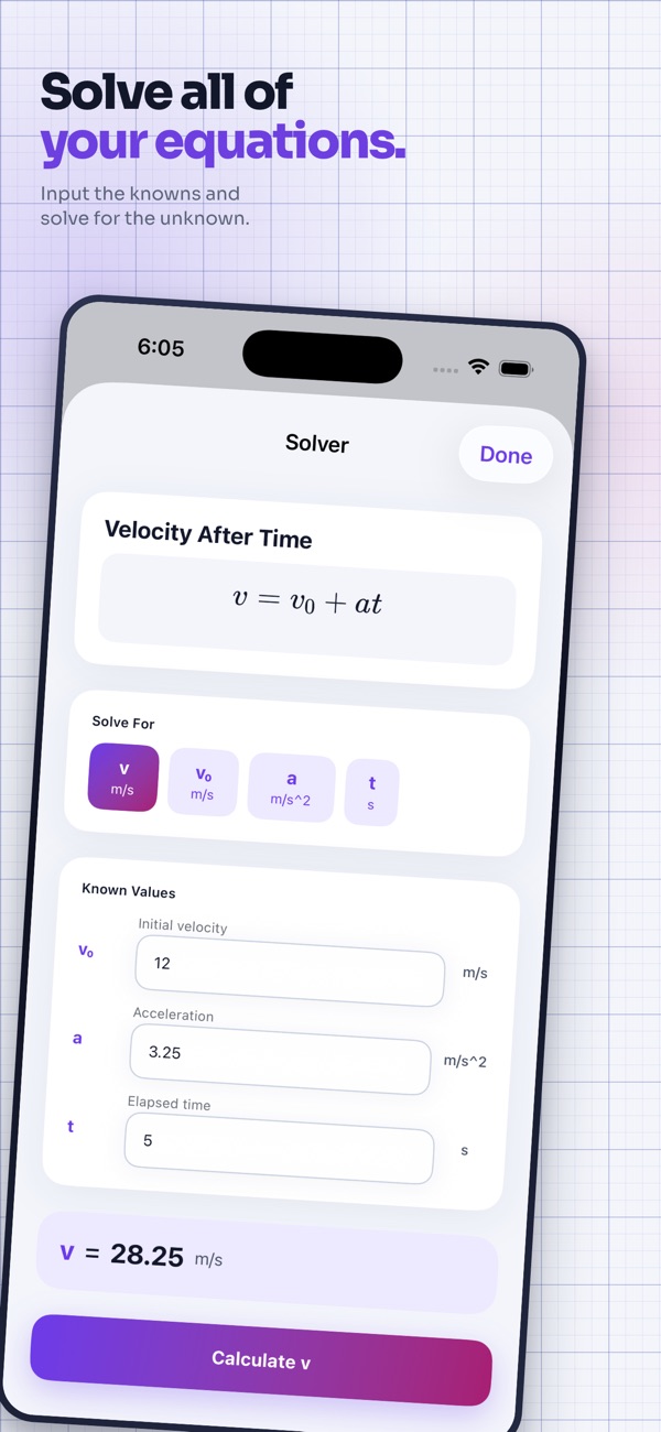 EQTB solver: known values entered for v = v0 + at, solving for final velocity