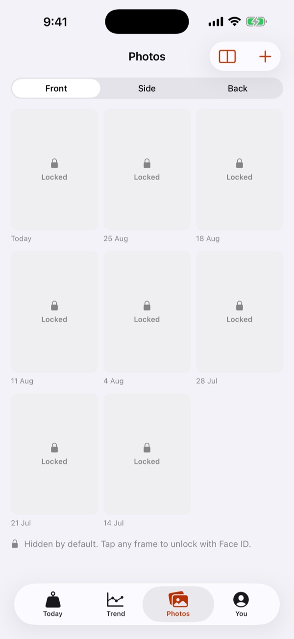 Tracker Photos gallery: dated frames in their locked state, unlocked with Face ID